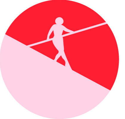 a pink and red circle with a pink figure walking a tightrope holding a big stick